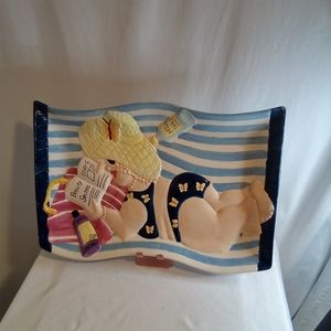 Cardinal Inc. Handpainted ceramic Beach Towel Tanning Chip snack Tray Platter